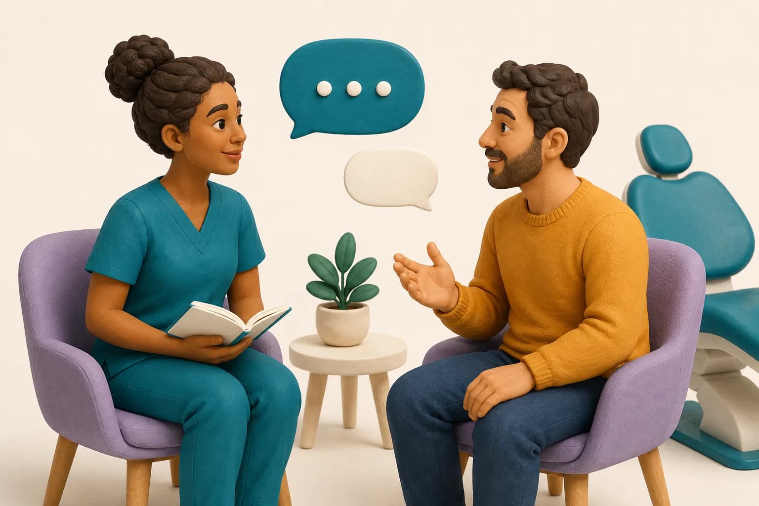 Ilustração de uma estudante de Odontologia escutando uma pessoa antes da consulta.