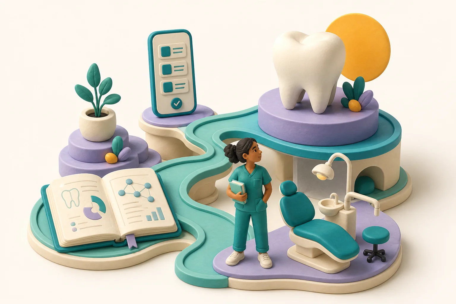 Um caminho ilustrado liga o estudo, o celular e a clínica, com uma estudante de Odontologia.