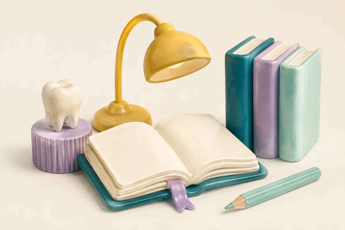 Ilustração de uma mesa de estudos com livros, luminária e modelo de dente